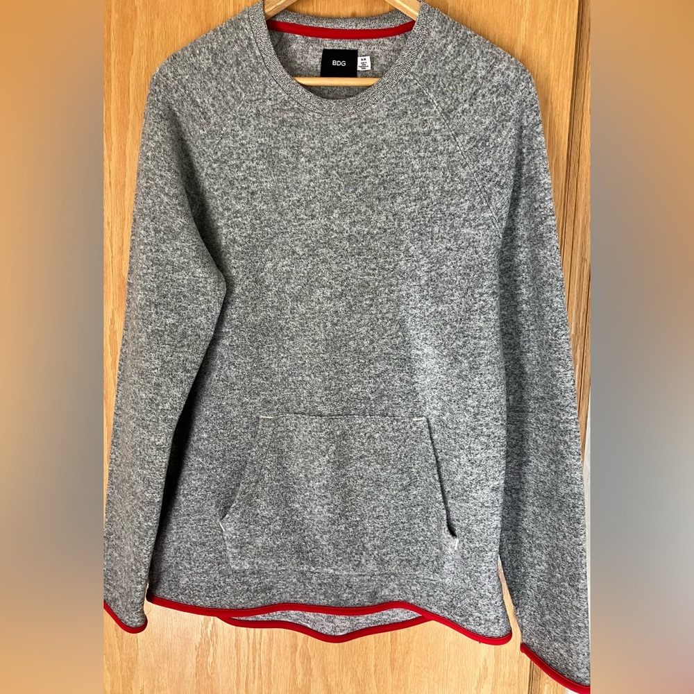 BDG Gray sweater with RED trim, pouch front pocket